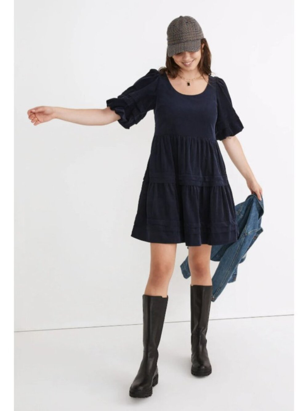 Madewell Blue Thin Wale Corduroy Puff Sleeve Tiered Mini Dress, Size 3X